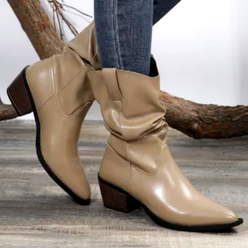 SimilarBlock Heel Scrunch Leather Western Boots